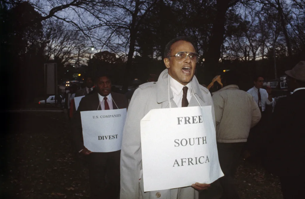 Harry Belafonte at an anti-Apartheid demonstration in Washington in 1984